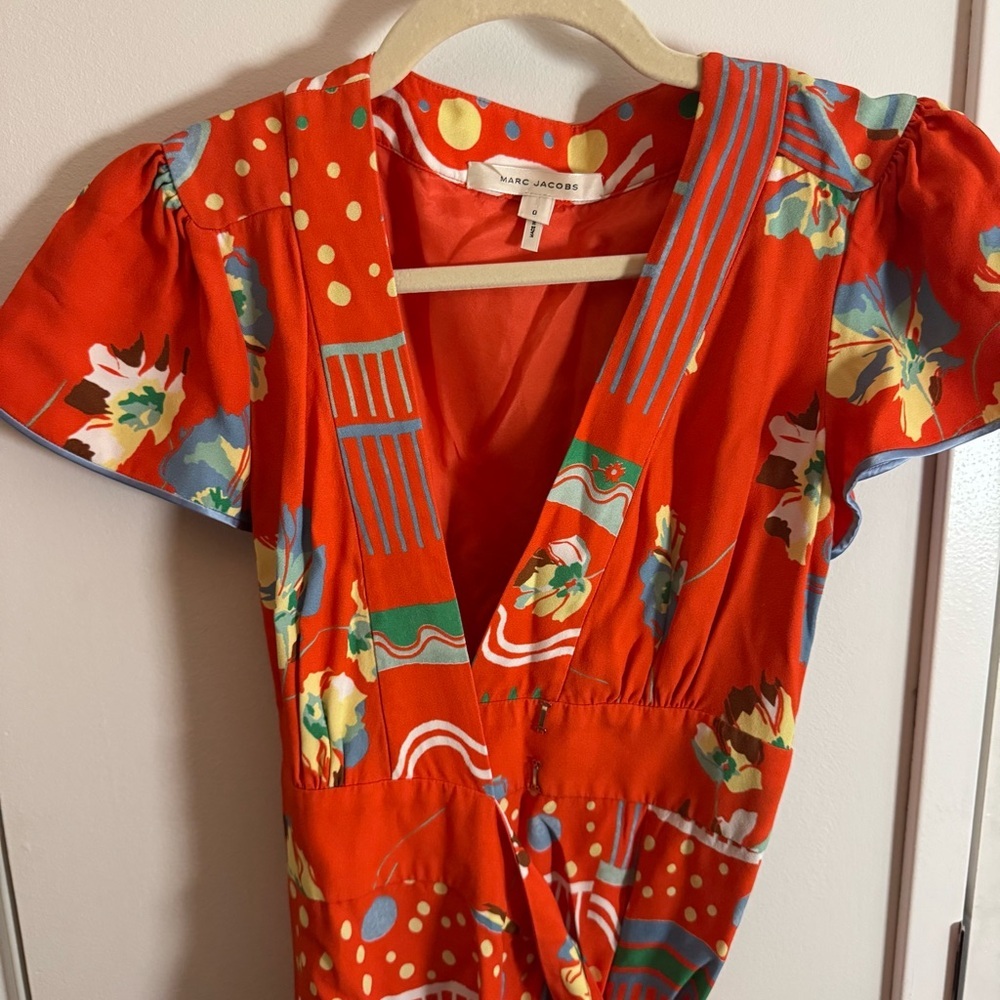 Marc Jacobs Silk Lined Red Print Wrap Midi Dress - Picture 3 of 5